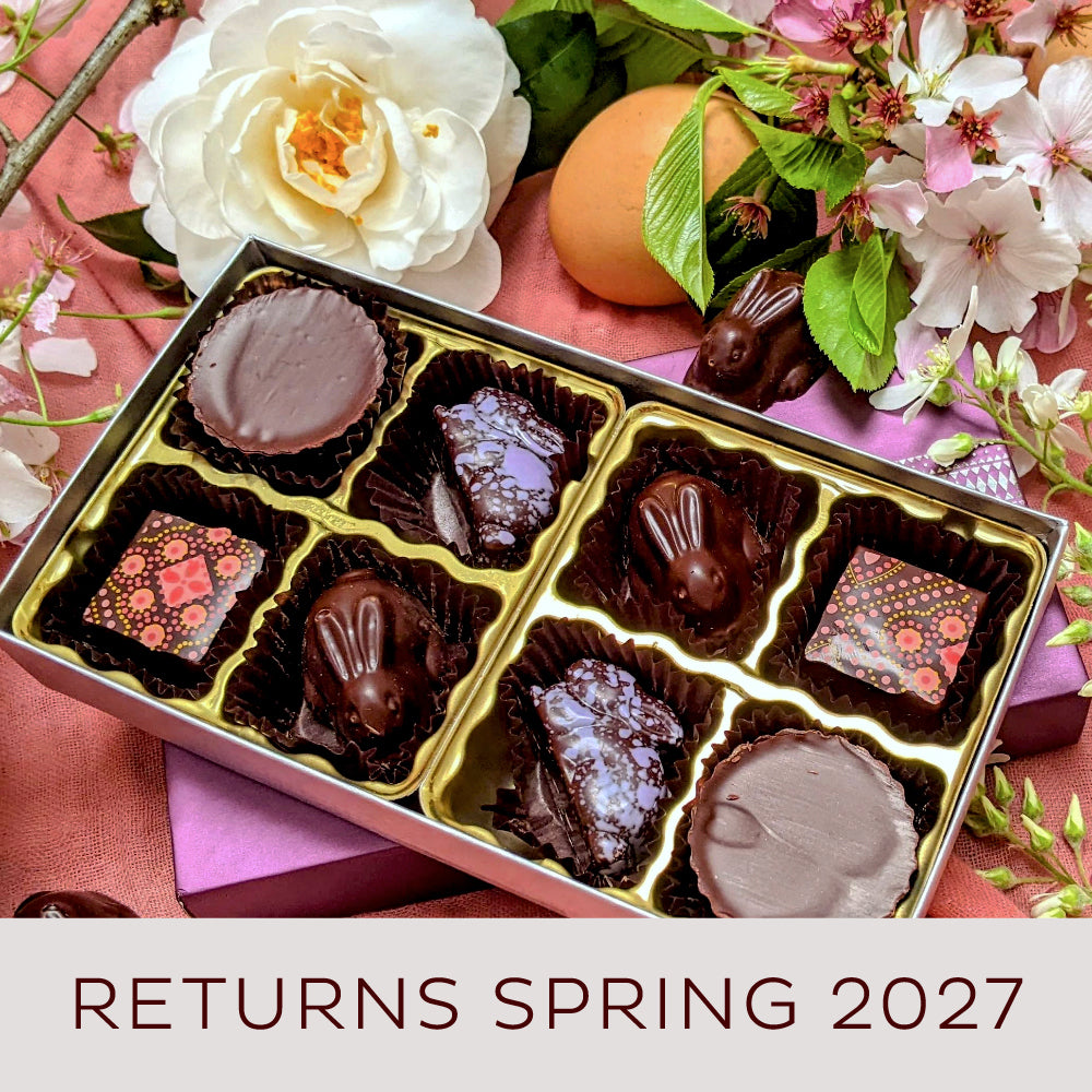 An 8 piece box of chocolate bonbons opened to show a variety of bunny-shaped bonbons sitting with white and pink spring flowers.