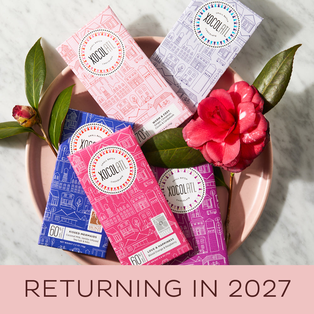 A collection of five dark chocolate bars with different flavors, presented on a plate with decorative leaves and a flower. Each bar has a unique color packaging and is labeled with the product name and flavor.