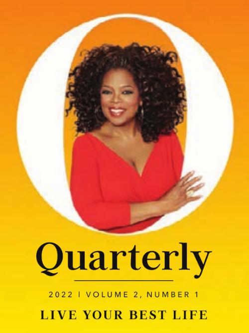 The cover art of an issue of "O Quarterly" magazine, with Oprah Winfrey, wearing a red top, smiling at you from inside a large, white "O" on an orange & yellow background.